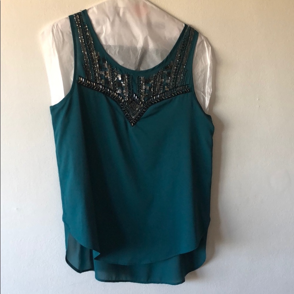 Teal beaded sleeveless silk-like blouse